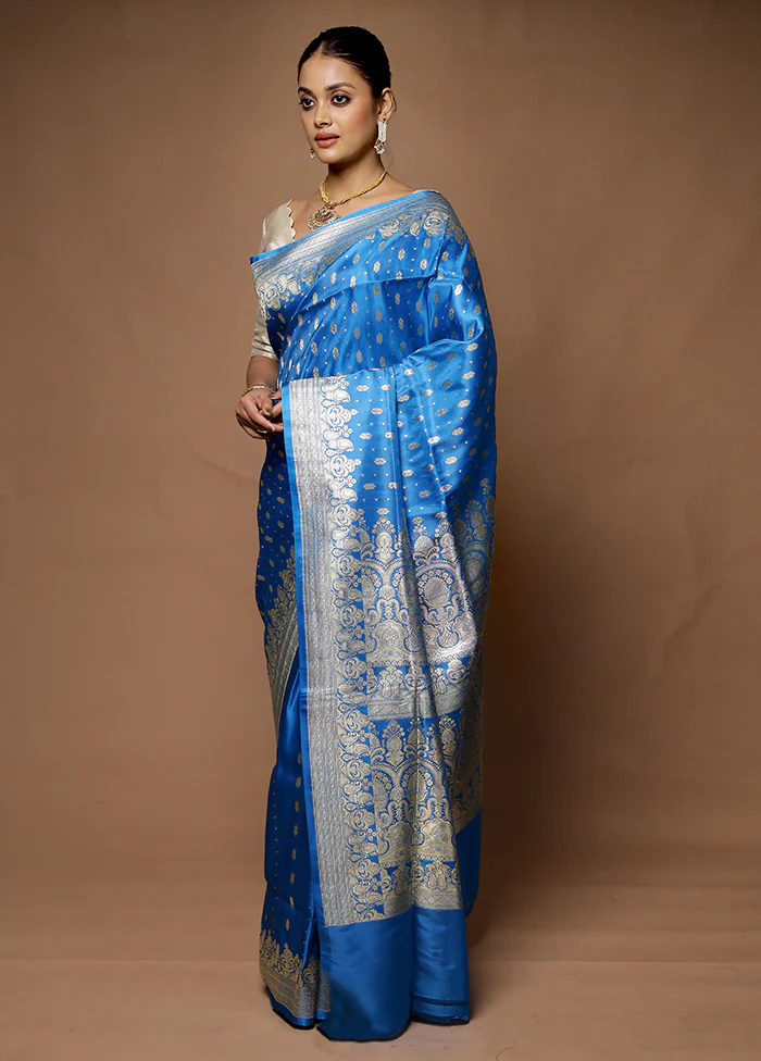 Blue Handloom Banarasi Pure Silk Saree With Blouse Piece - Image 4