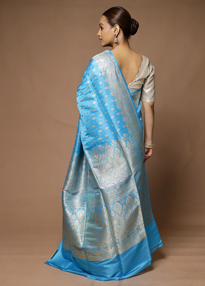 Blue Handloom Banarasi Pure Silk Saree With Blouse Piece - Image 3