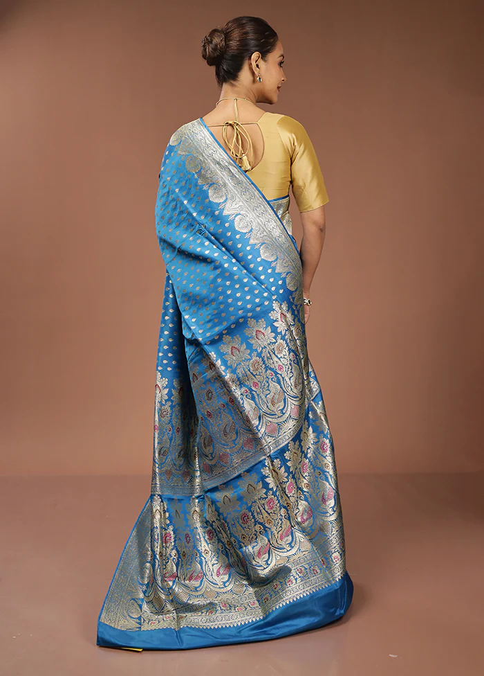 Blue Handloom Banarasi Pure Silk Saree With Blouse Piece - Image 3