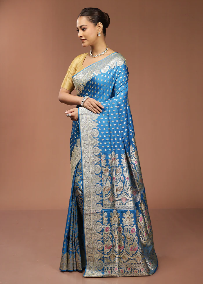 Blue Handloom Banarasi Pure Silk Saree With Blouse Piece - Image 4