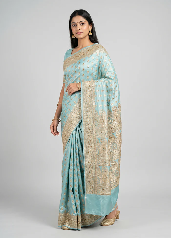 Blue Handloom Banarasi Pure Silk Saree With Blouse Piece