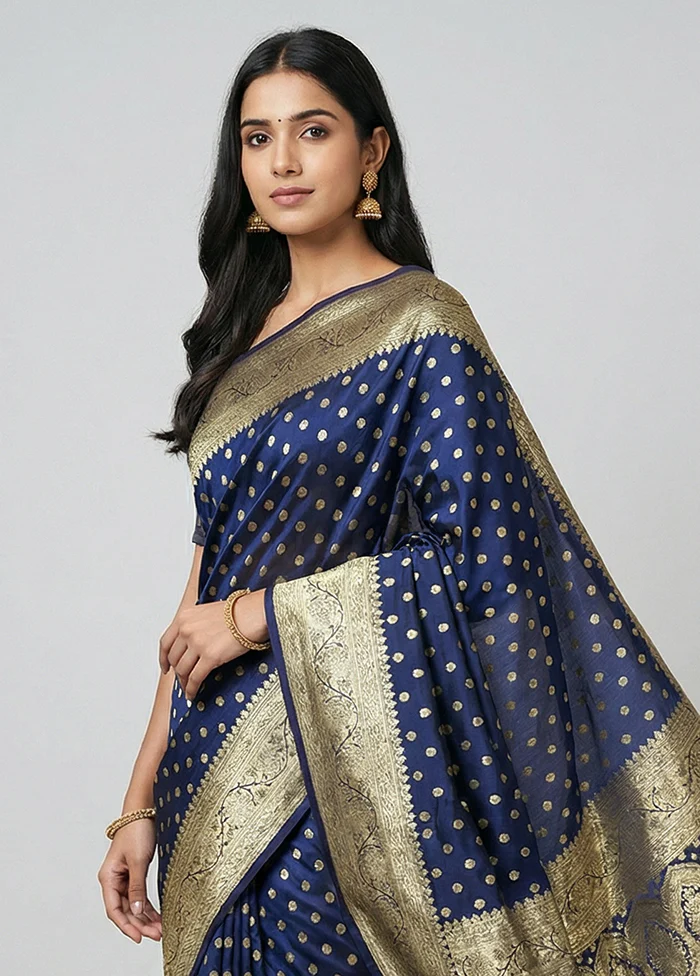 Blue Handloom Banarasi Silk Saree With Blouse Piece - Image 2
