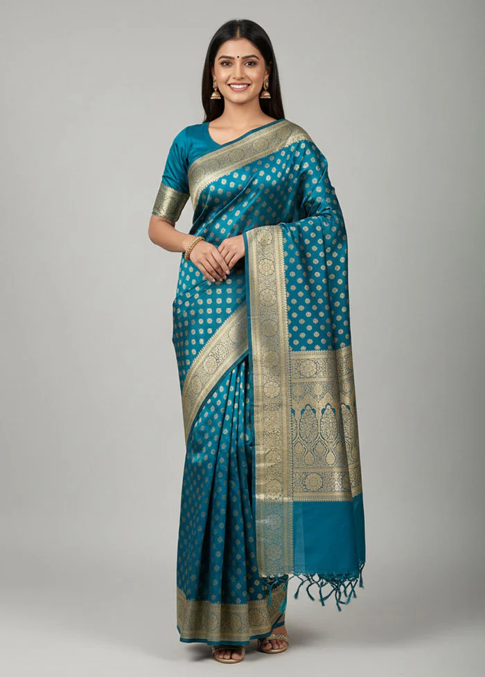 Blue Handloom Banarasi Pure Silk Saree With Blouse Piece