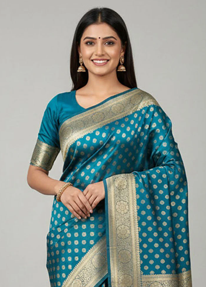 Blue Handloom Banarasi Pure Silk Saree With Blouse Piece - Image 2