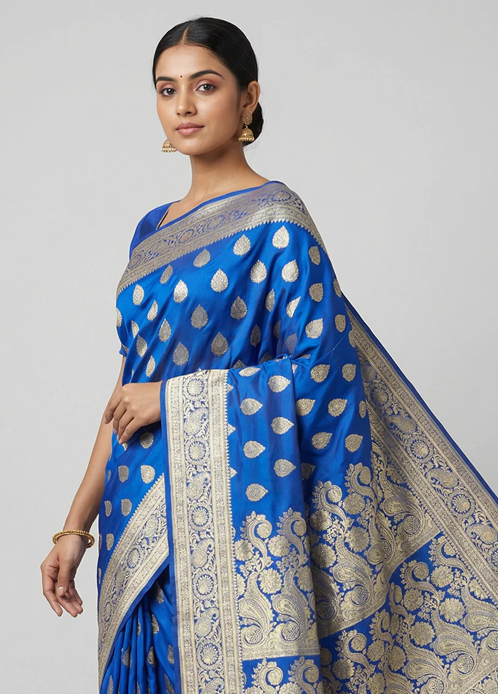 Blue Handloom Banarasi Pure Silk Saree With Blouse Piece - Image 2
