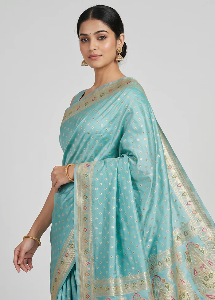 Blue Handloom Banarasi Pure Silk Saree With Blouse Piece - Image 2