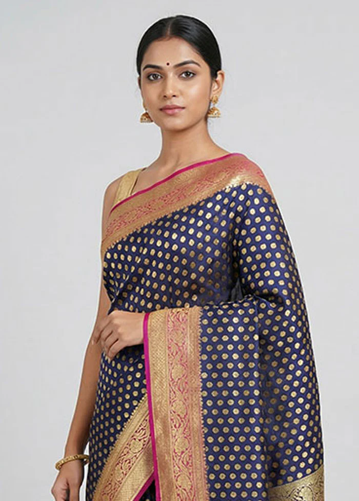 Blue Handloom Banarasi Pure Silk Saree With Blouse Piece - Image 2