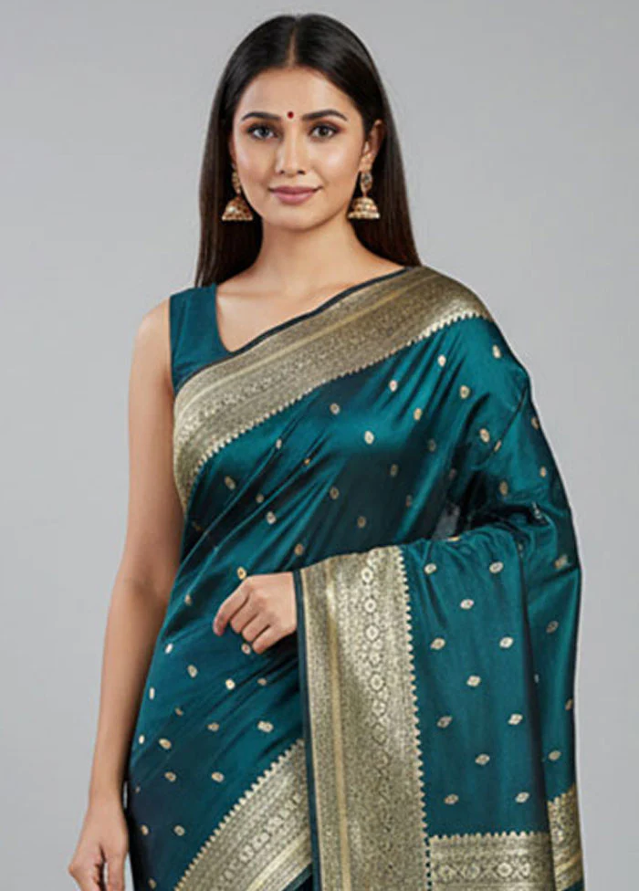 Blue Handloom Banarasi Pure Silk Saree With Blouse Piece - Image 2