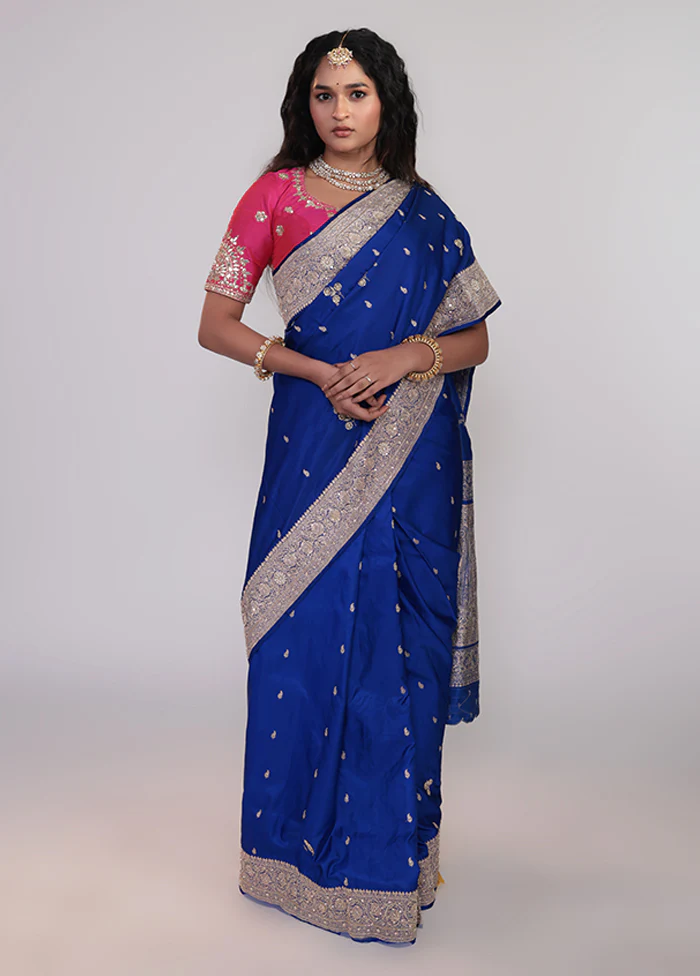 Blue Handloom Banarasi Pure Silk Saree With Blouse Piece