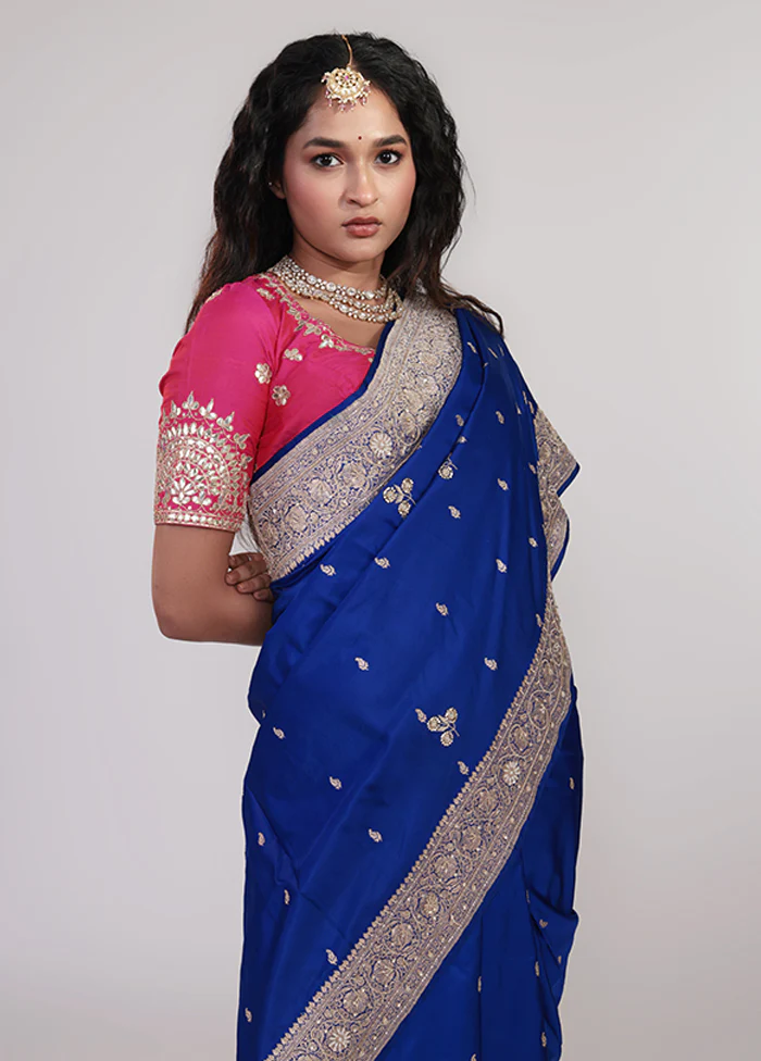 Blue Handloom Banarasi Pure Silk Saree With Blouse Piece - Image 2