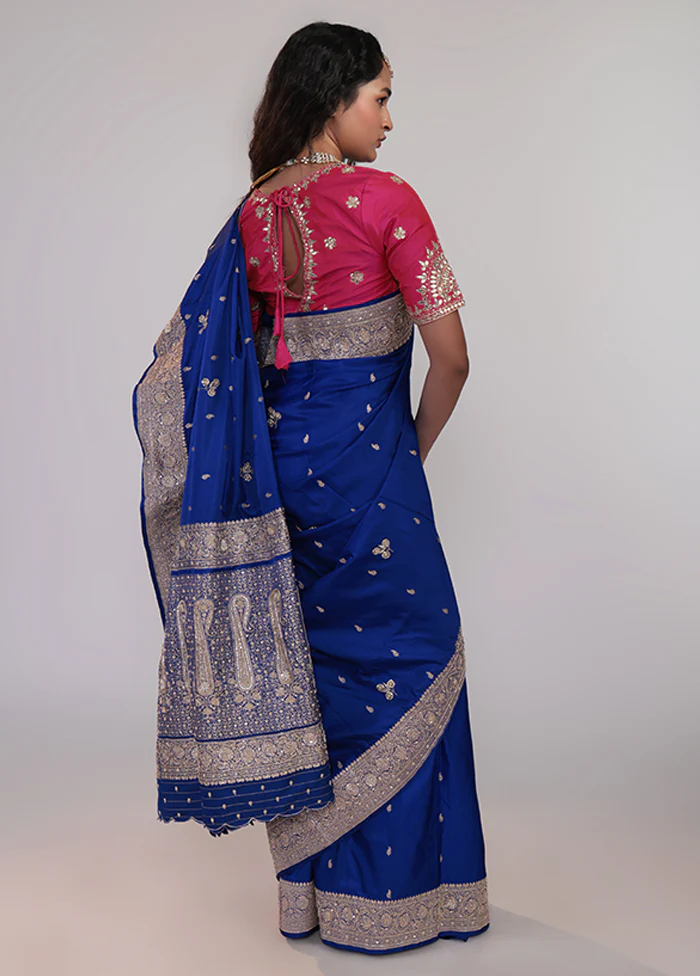 Blue Handloom Banarasi Pure Silk Saree With Blouse Piece - Image 3