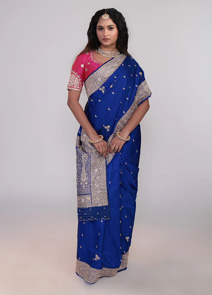 Blue Handloom Banarasi Pure Silk Saree With Blouse Piece - Image 4