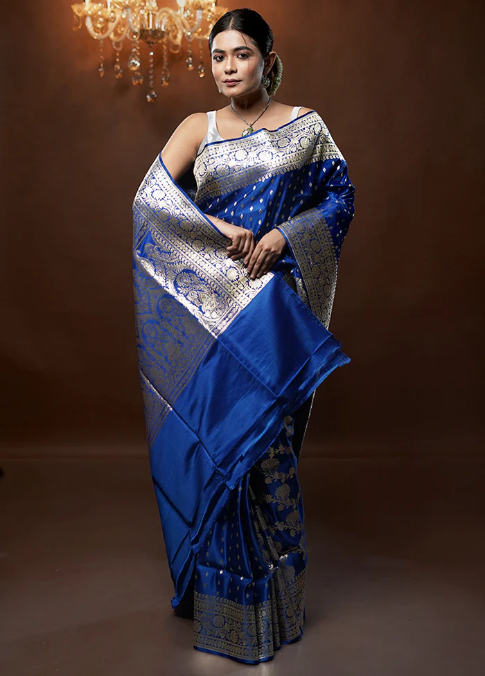 Blue Handloom Banarasi Pure Silk Saree With Blouse Piece - Image 2