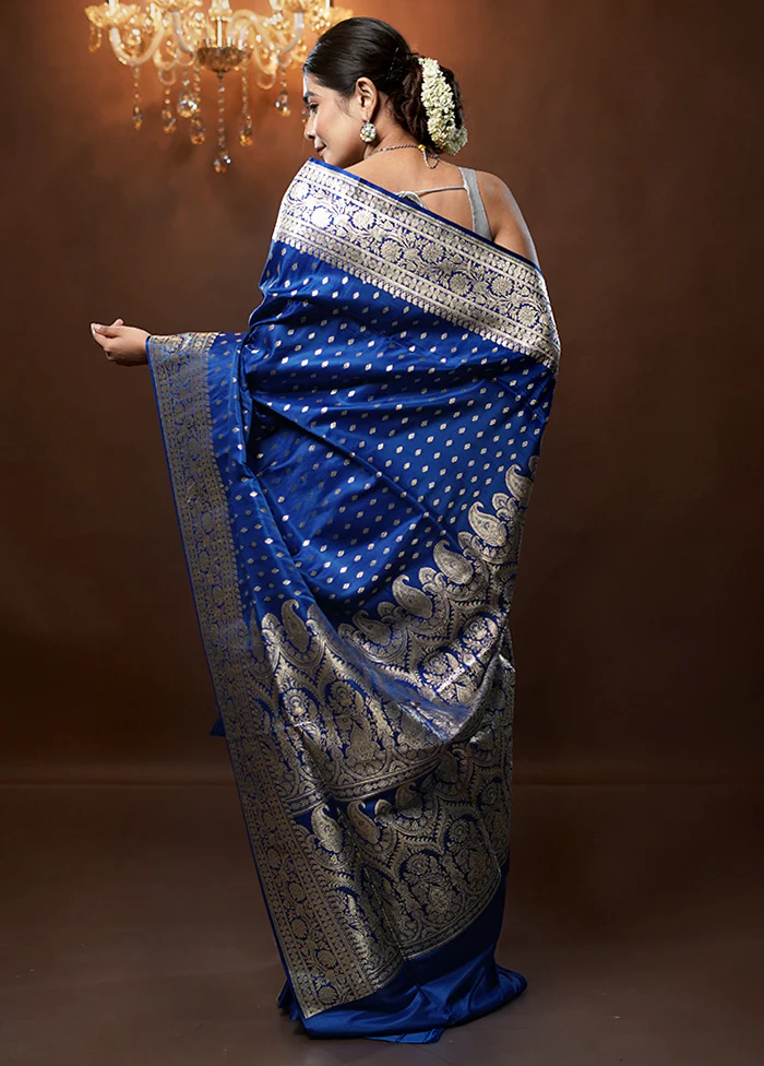 Blue Handloom Banarasi Pure Silk Saree With Blouse Piece - Image 3