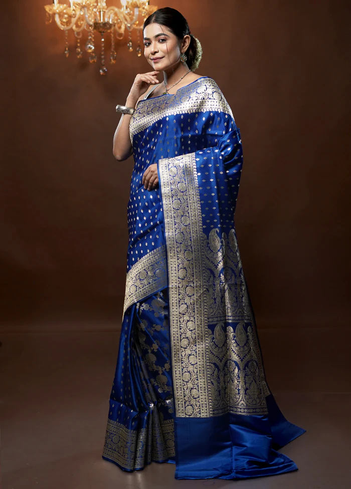 Blue Handloom Banarasi Pure Silk Saree With Blouse Piece - Image 4