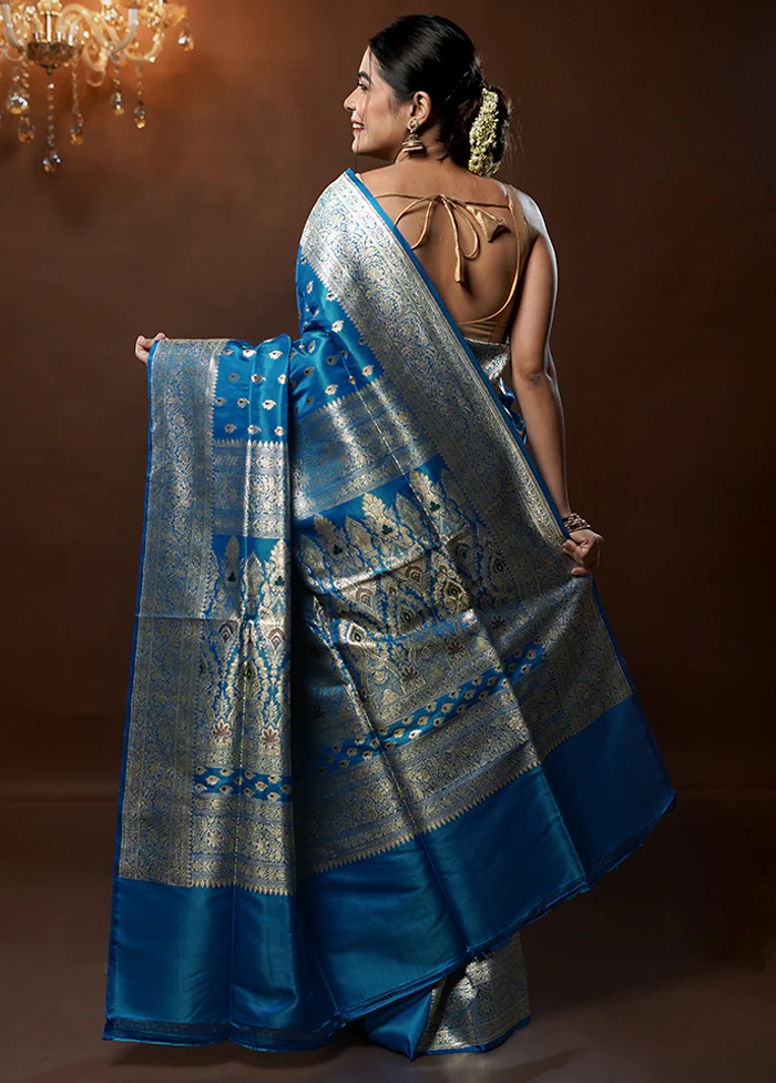 Blue Handloom Banarasi Pure Silk Saree With Blouse Piece - Image 3