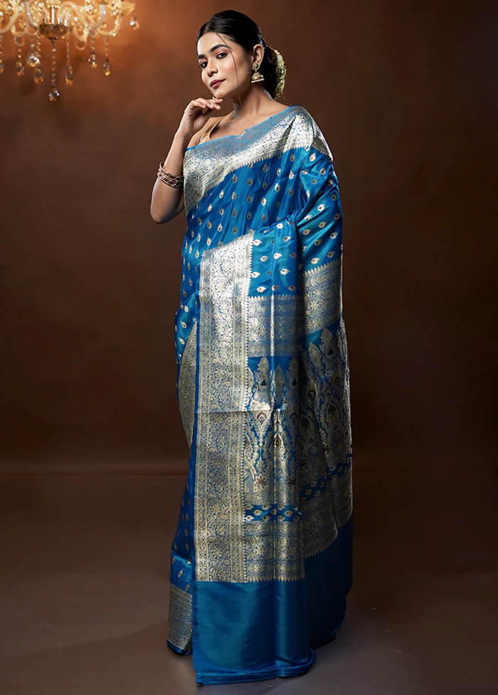 Blue Handloom Banarasi Pure Silk Saree With Blouse Piece - Image 4