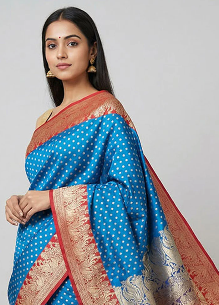 Blue Handloom Banarasi Pure Silk Saree With Blouse Piece - Image 2