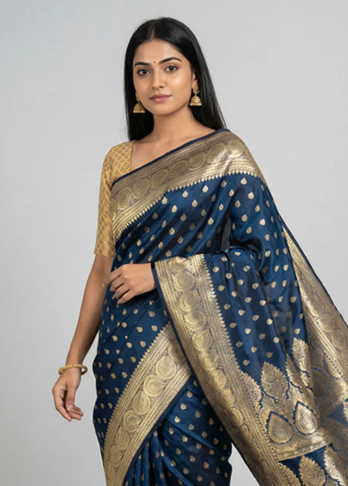 Blue Handloom Banarasi Pure Silk Saree With Blouse Piece - Image 2