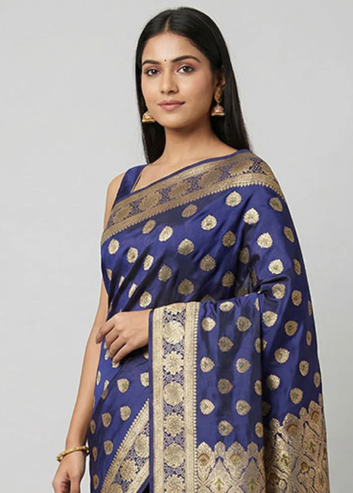 Blue Handloom Banarasi Pure Silk Saree With Blouse Piece - Image 2