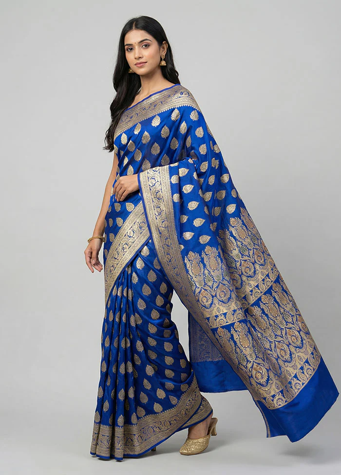Blue Handloom Banarasi Pure Silk Saree With Blouse Piece