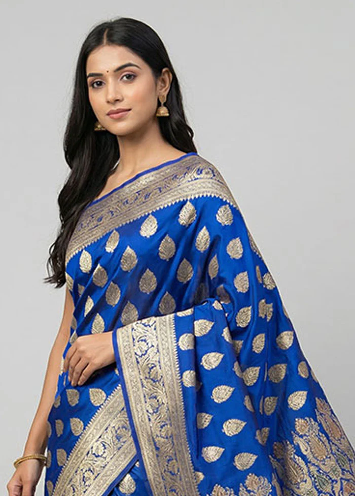Blue Handloom Banarasi Pure Silk Saree With Blouse Piece - Image 2