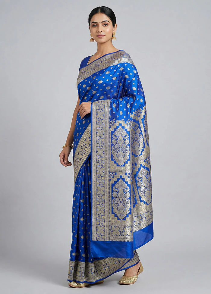 Blue Handloom Banarasi Pure Silk Saree With Blouse Piece