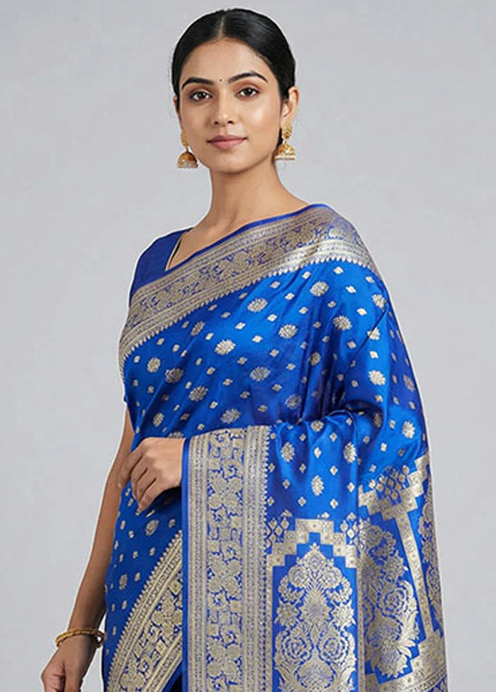 Blue Handloom Banarasi Pure Silk Saree With Blouse Piece - Image 2
