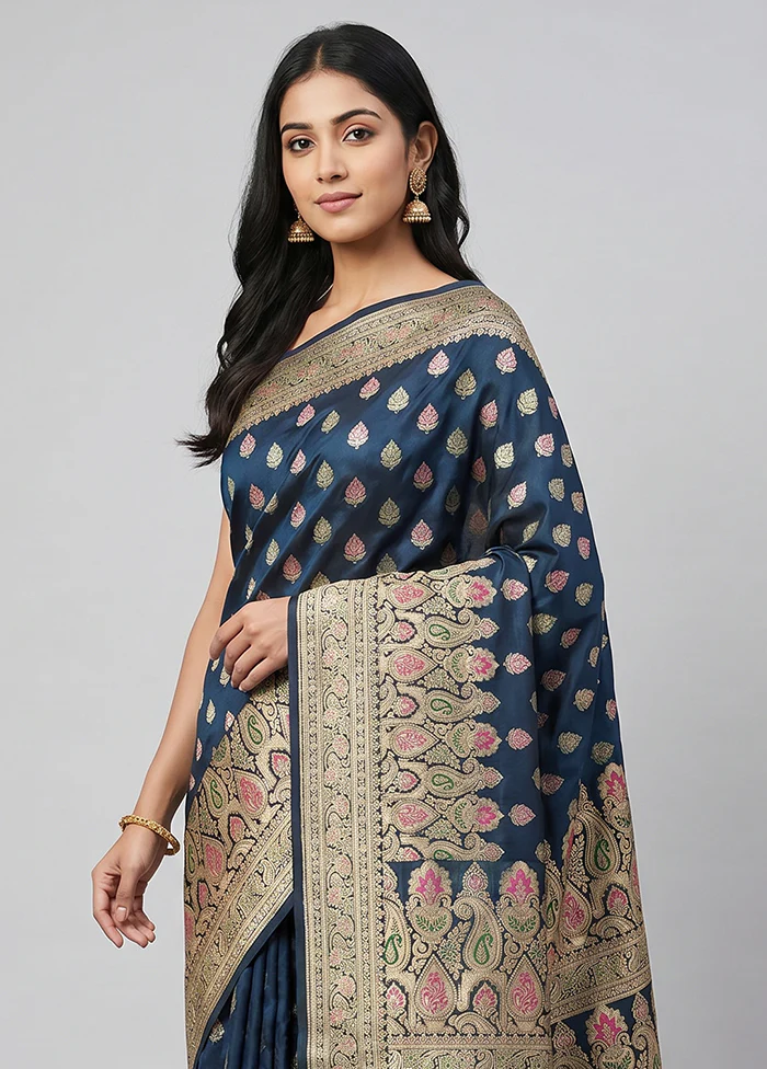 Blue Handloom Banarasi Pure Silk Saree With Blouse Piece - Image 2