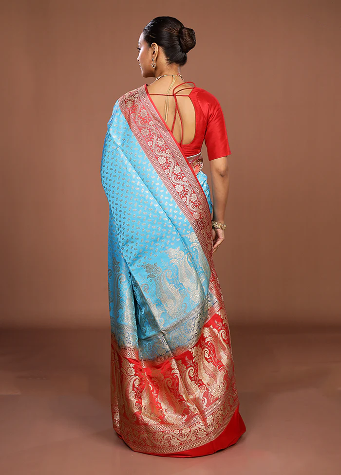 Blue Handloom Banarasi Pure Silk Saree With Blouse Piece - Image 3