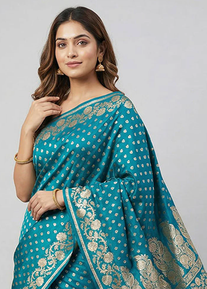 Blue Handloom Banarasi Pure Silk Saree With Blouse Piece - Image 2