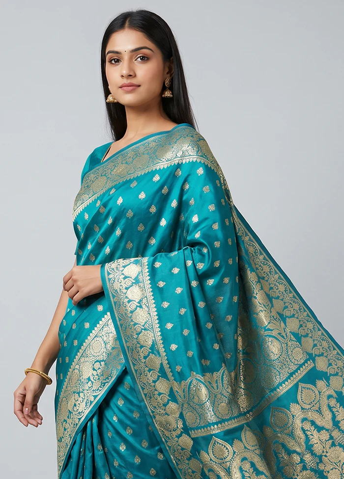 Blue Handloom Banarasi Pure Silk Saree With Blouse Piece - Image 2