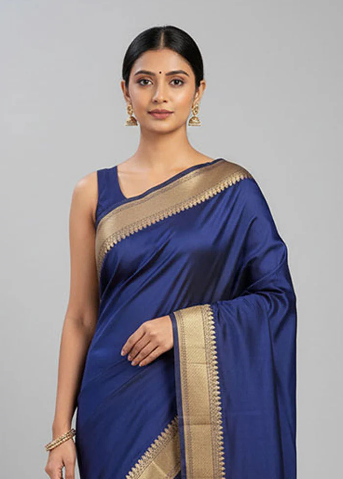 Blue Handloom Banarasi Pure Silk Saree With Blouse Piece - Image 2