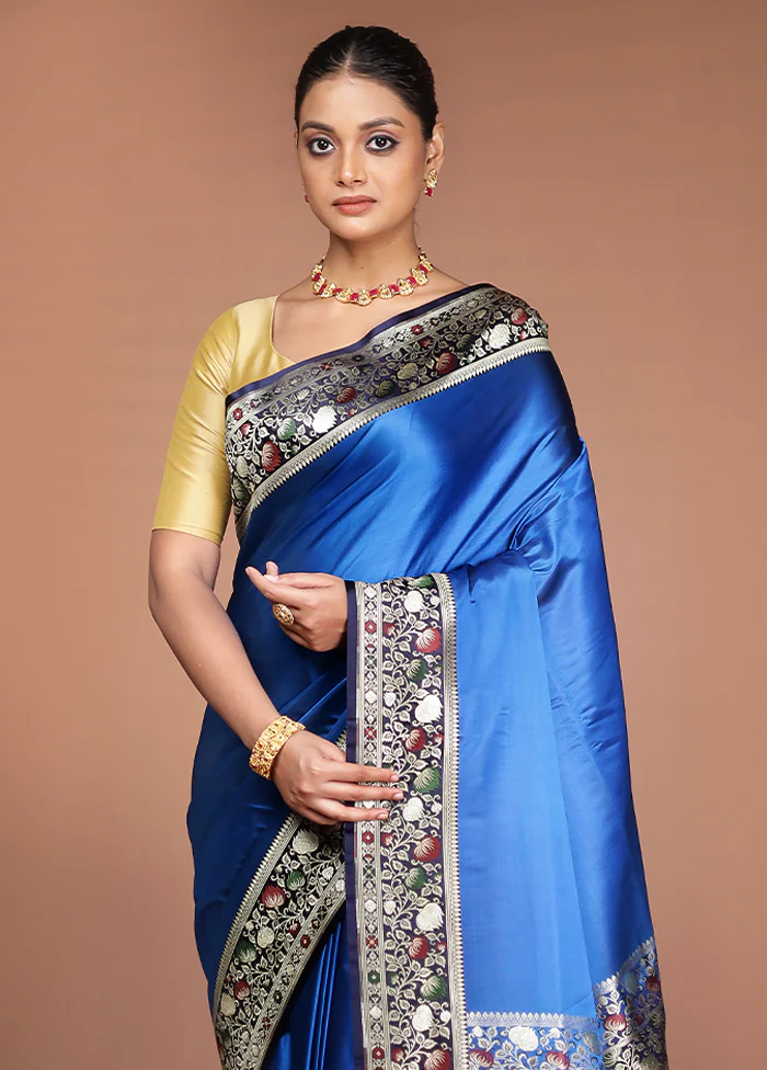 Blue Handloom Banarasi Pure Silk Saree With Blouse Piece