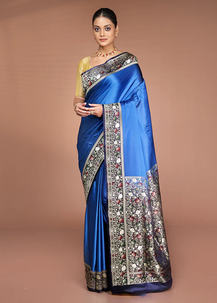 Blue Handloom Banarasi Pure Silk Saree With Blouse Piece - Image 2