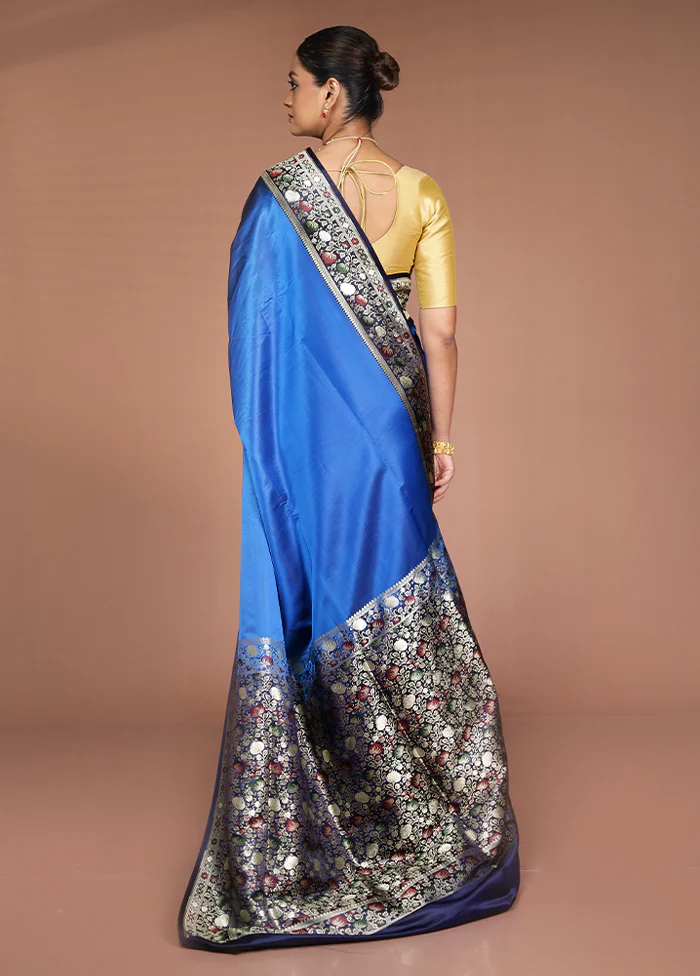 Blue Handloom Banarasi Pure Silk Saree With Blouse Piece - Image 3
