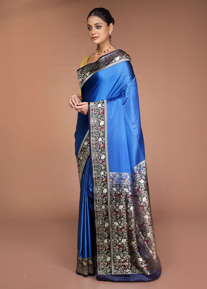 Blue Handloom Banarasi Pure Silk Saree With Blouse Piece - Image 4