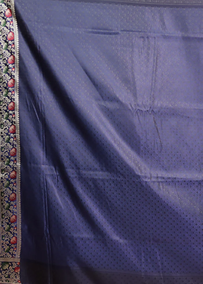Blue Handloom Banarasi Pure Silk Saree With Blouse Piece - Image 5