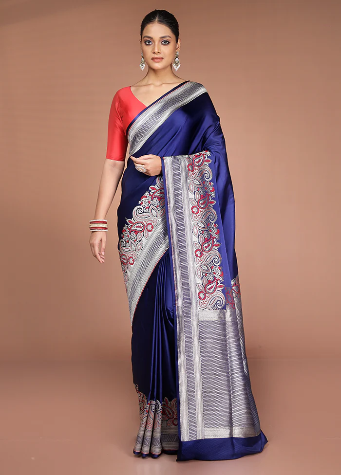Blue Handloom Banarasi Pure Silk Saree With Blouse Piece - Image 2