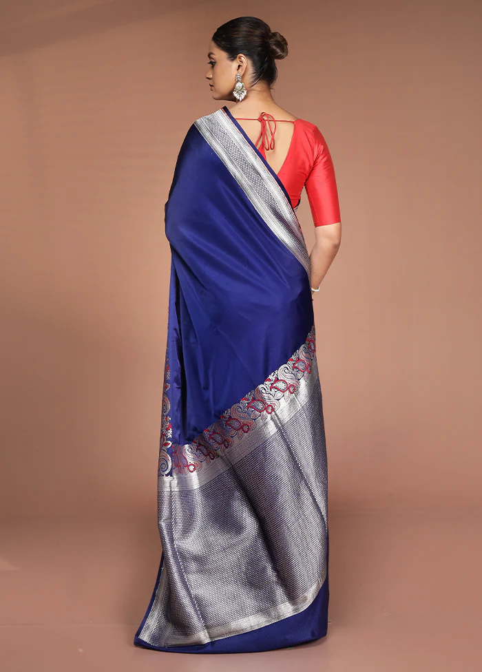 Blue Handloom Banarasi Pure Silk Saree With Blouse Piece - Image 3
