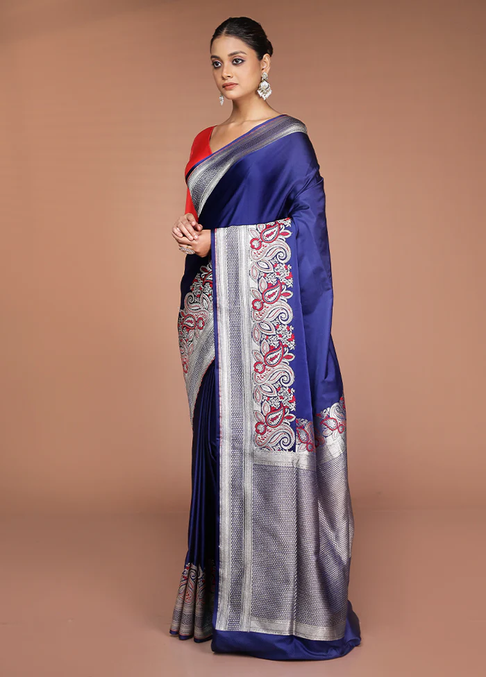 Blue Handloom Banarasi Pure Silk Saree With Blouse Piece - Image 4