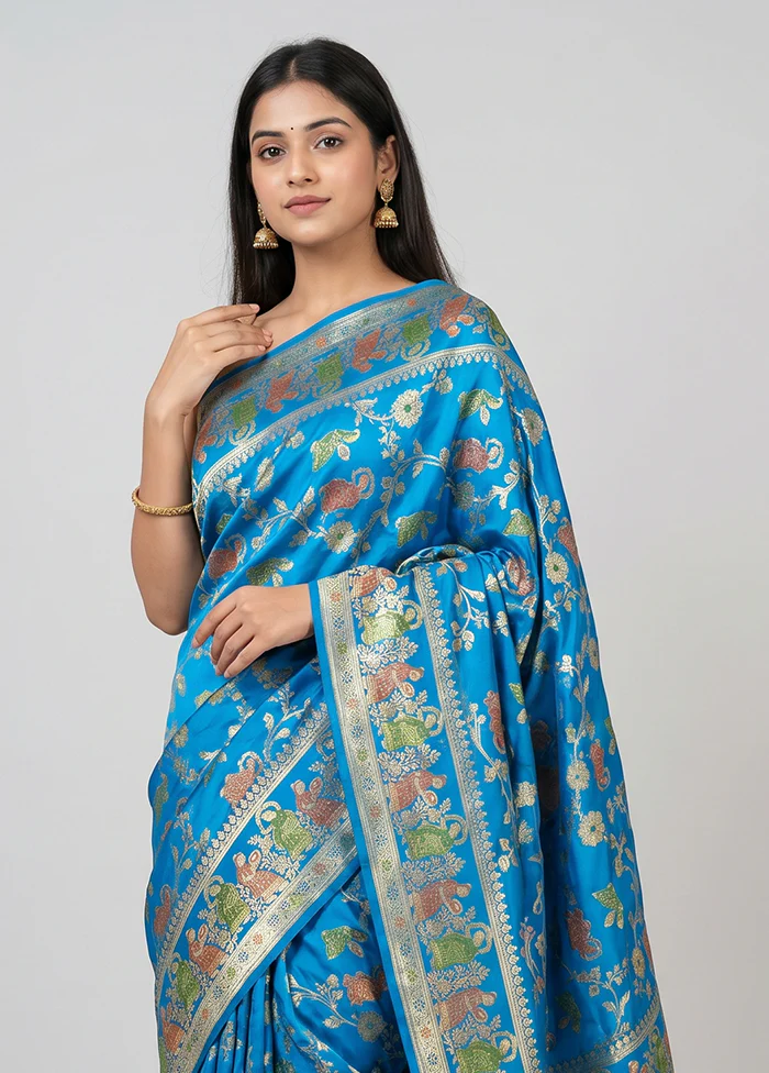 Blue Handloom Banarasi Pure Silk Saree With Blouse Piece - Image 2