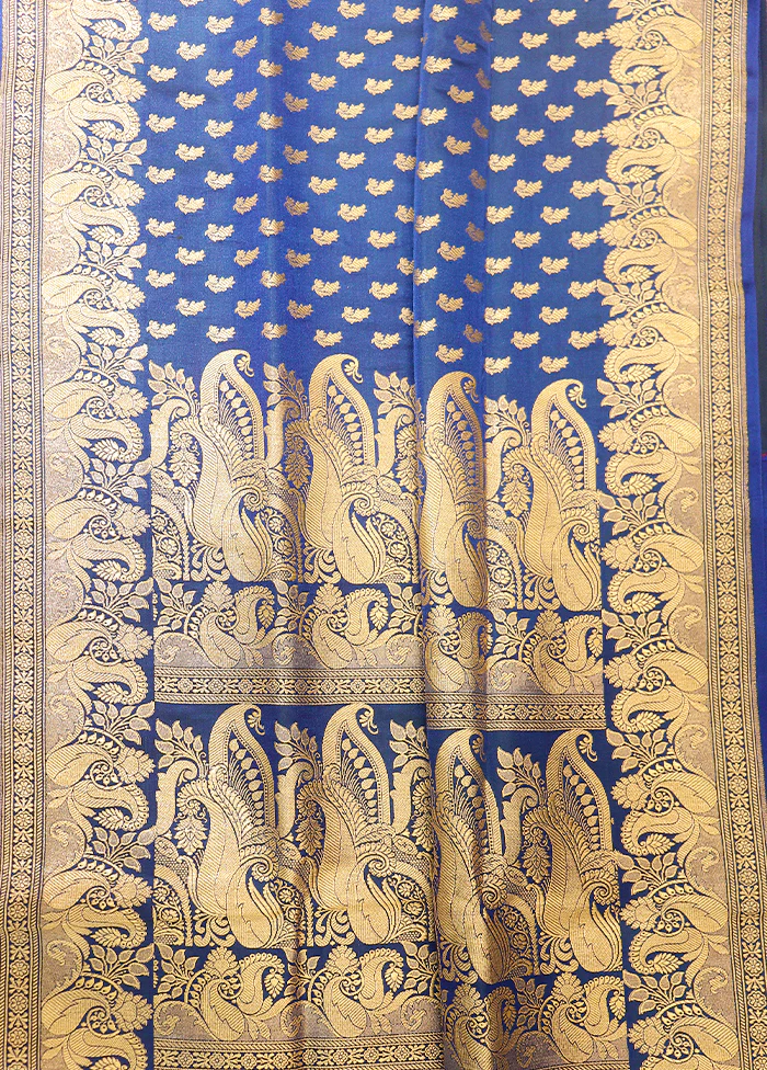 Blue Handloom Banarasi Pure Silk Saree With Blouse Piece - Image 3