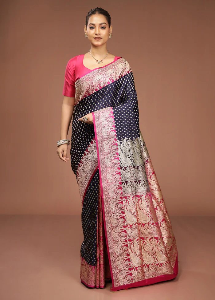 Blue Handloom Banarasi Pure Silk Saree With Blouse Piece - Image 2