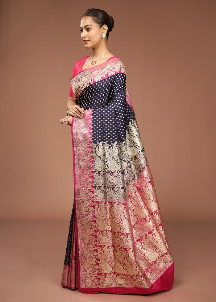 Blue Handloom Banarasi Pure Silk Saree With Blouse Piece - Image 4