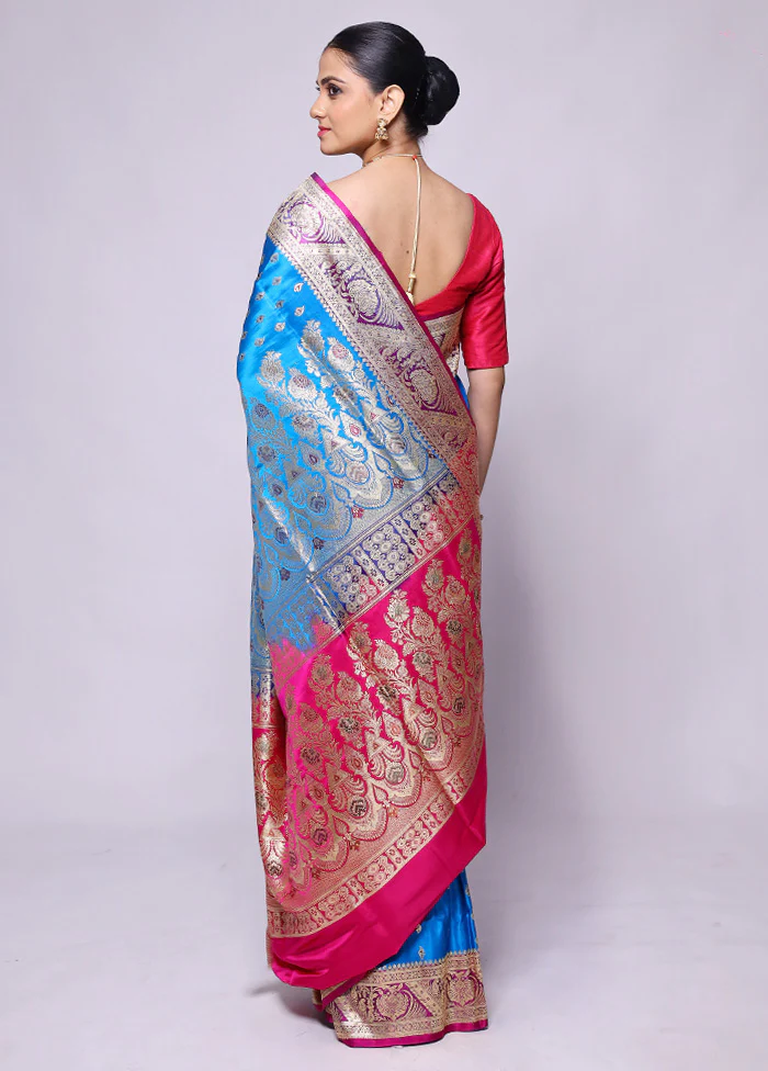 Blue Handloom Banarasi Pure Silk Saree With Blouse Piece - Image 3