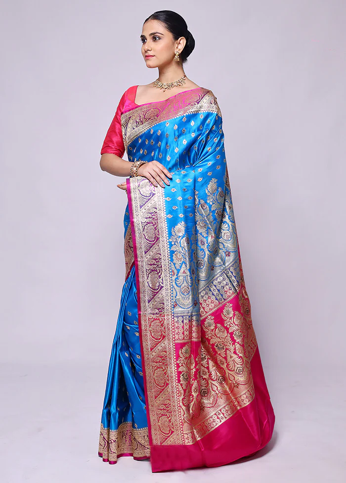 Blue Handloom Banarasi Pure Silk Saree With Blouse Piece - Image 4