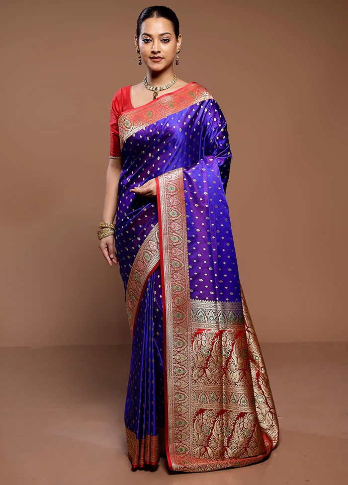 Violet Handloom Banarasi Pure Silk Saree With Blouse Piece