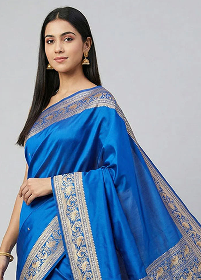 Blue Handloom Banarasi Pure Silk Saree With Blouse Piece - Image 2