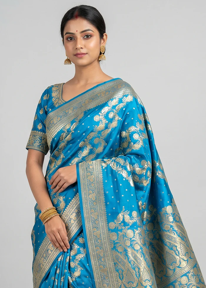 Blue Handloom Banarasi Pure Silk Saree With Blouse Piece - Image 2